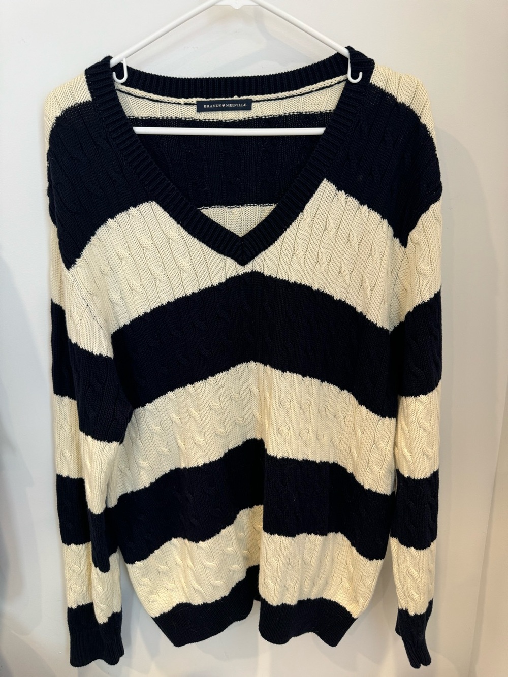 Brandy Melville Nikki Black & Cream Striped V-Neck Cable Knit Sweater